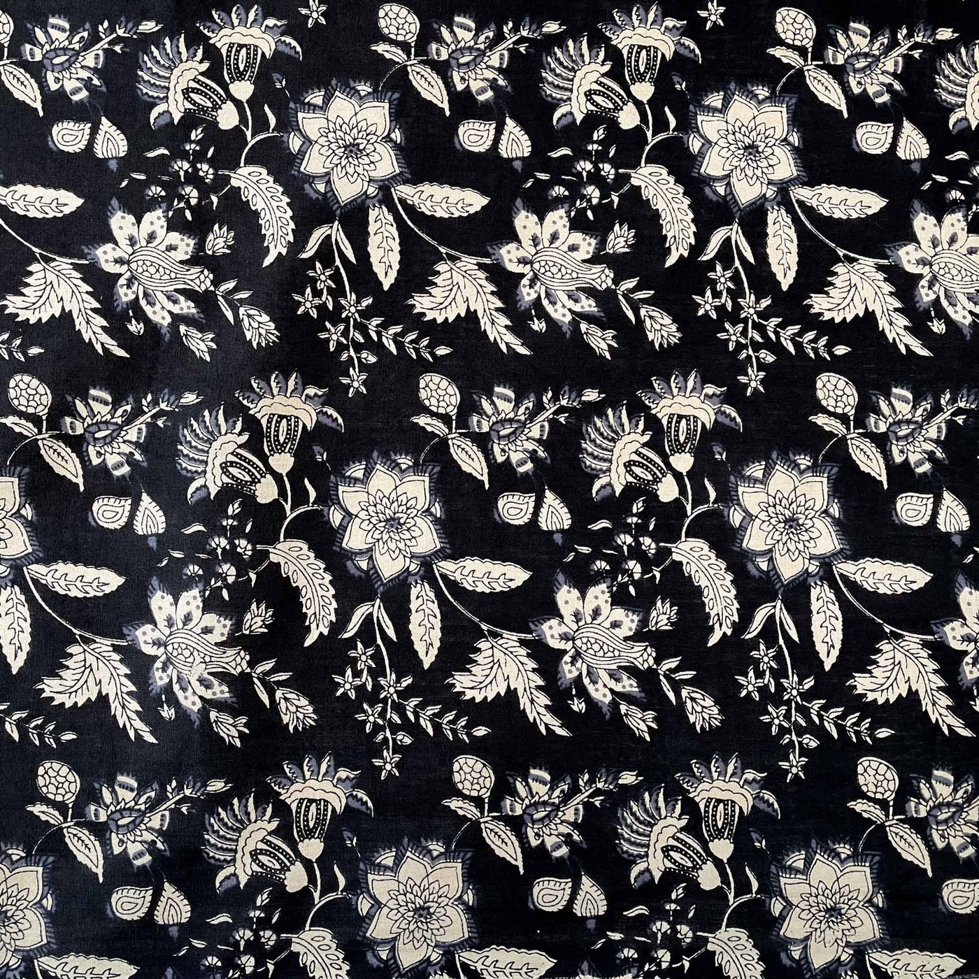 Fabric Pandit Fabric Black & Cream Egyptian Floral Hand Block Printed Pure Cotton Fabric (Width 43 inches)