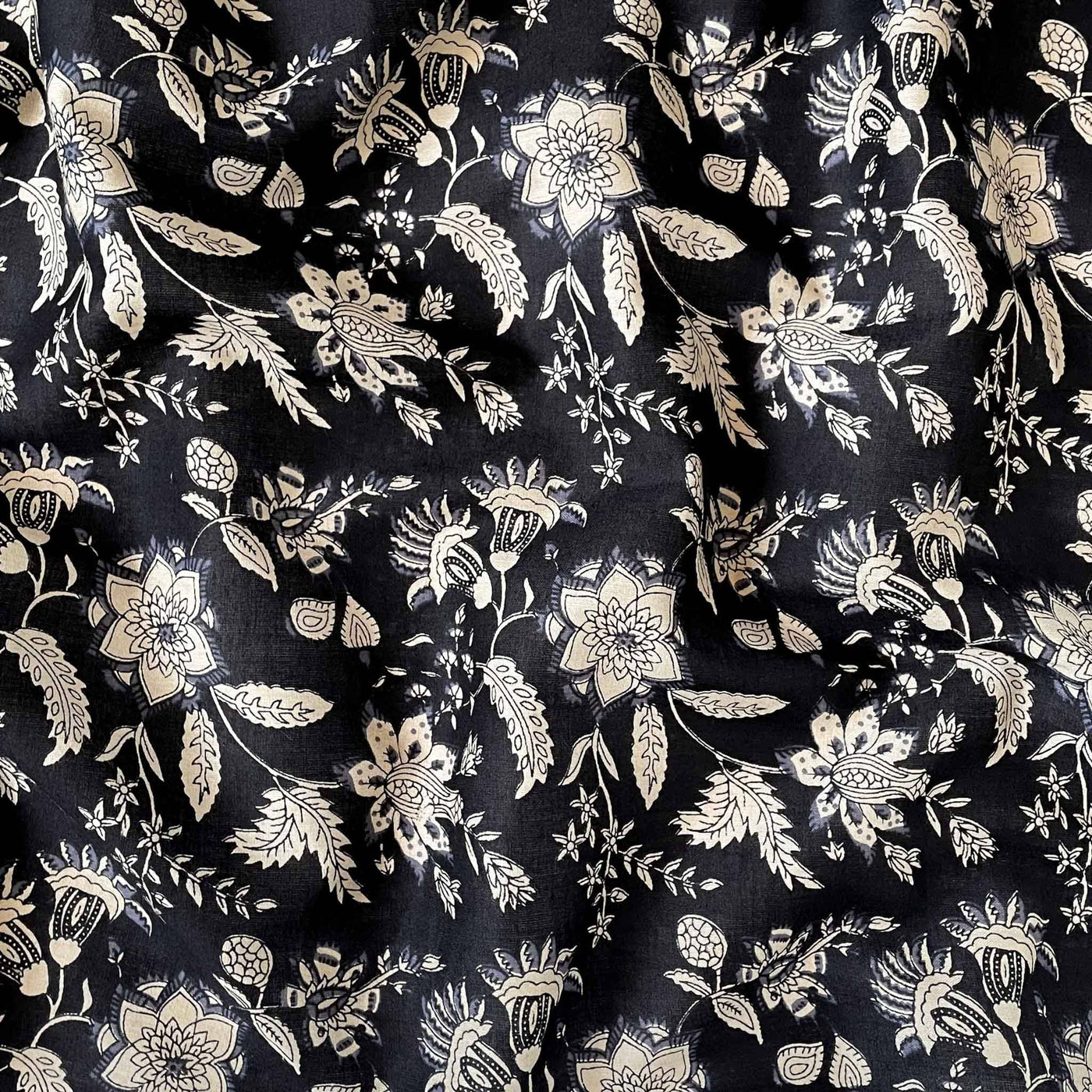 Fabric Pandit Fabric Black & Cream Egyptian Floral Hand Block Printed Pure Cotton Fabric (Width 43 inches)