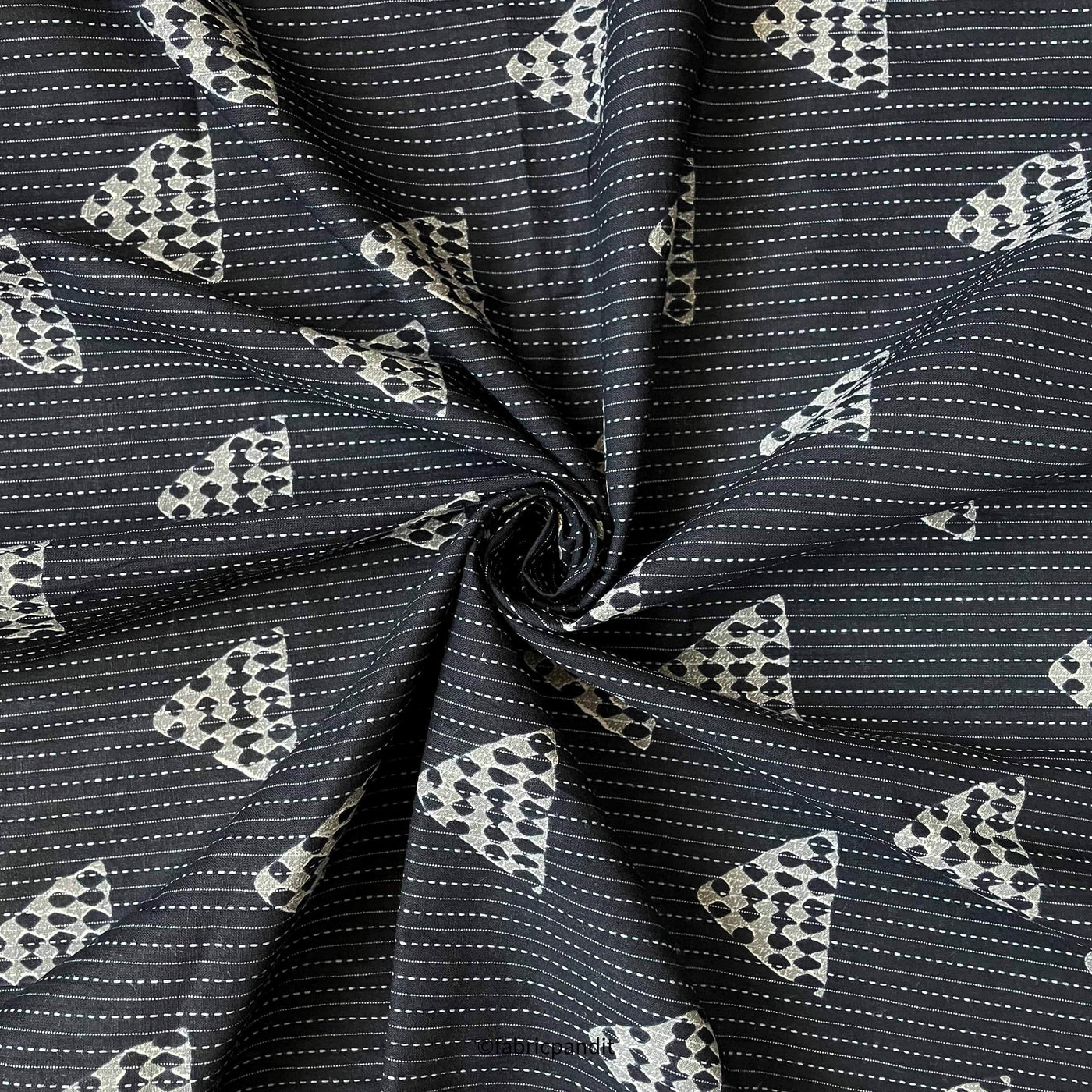Fabric Pandit Fabric Black & Grey Abstract Triangles Woven Kantha Hand Block Printed Pure Cotton Fabric (Width 42 inches)