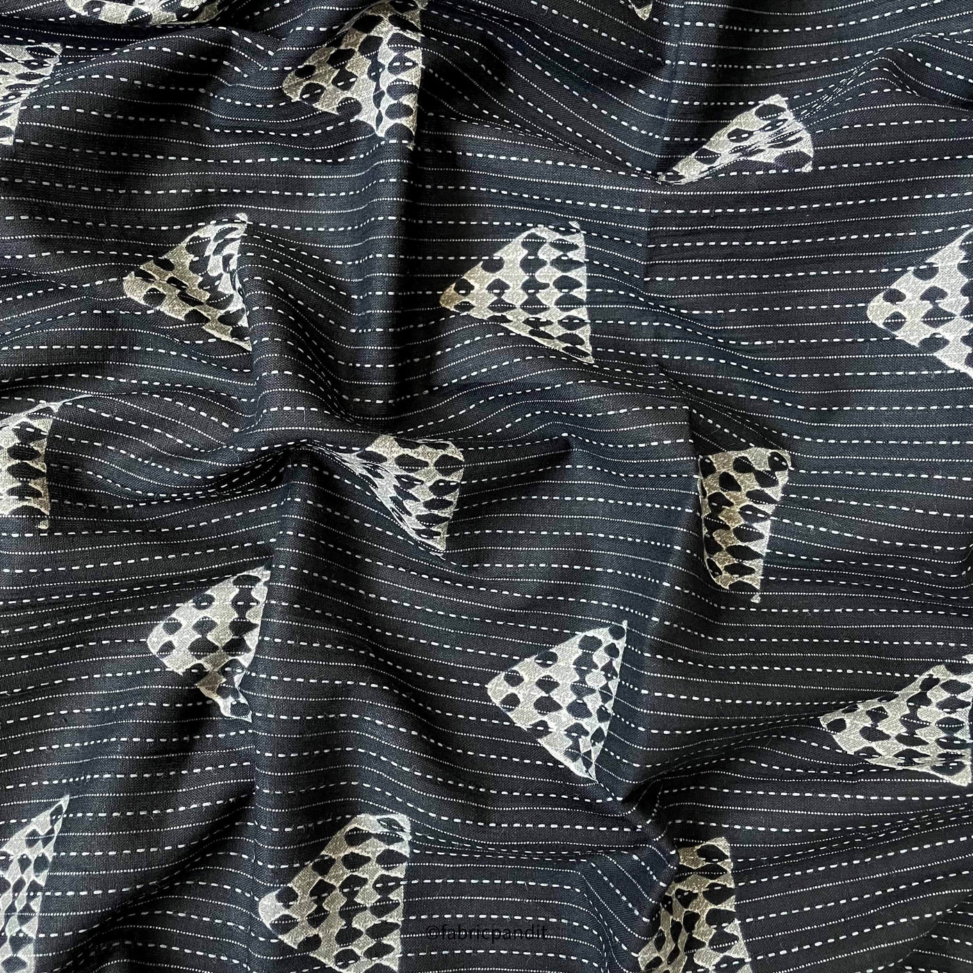 Fabric Pandit Fabric Black & Grey Abstract Triangles Woven Kantha Hand Block Printed Pure Cotton Fabric (Width 42 inches)