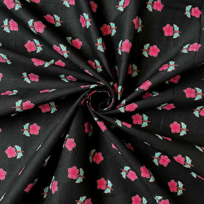 Fabric Pandit Fabric Black & Magenta Geometric Daisies Hand Block Printed Pure Cotton Fabric (Width 42 inches)