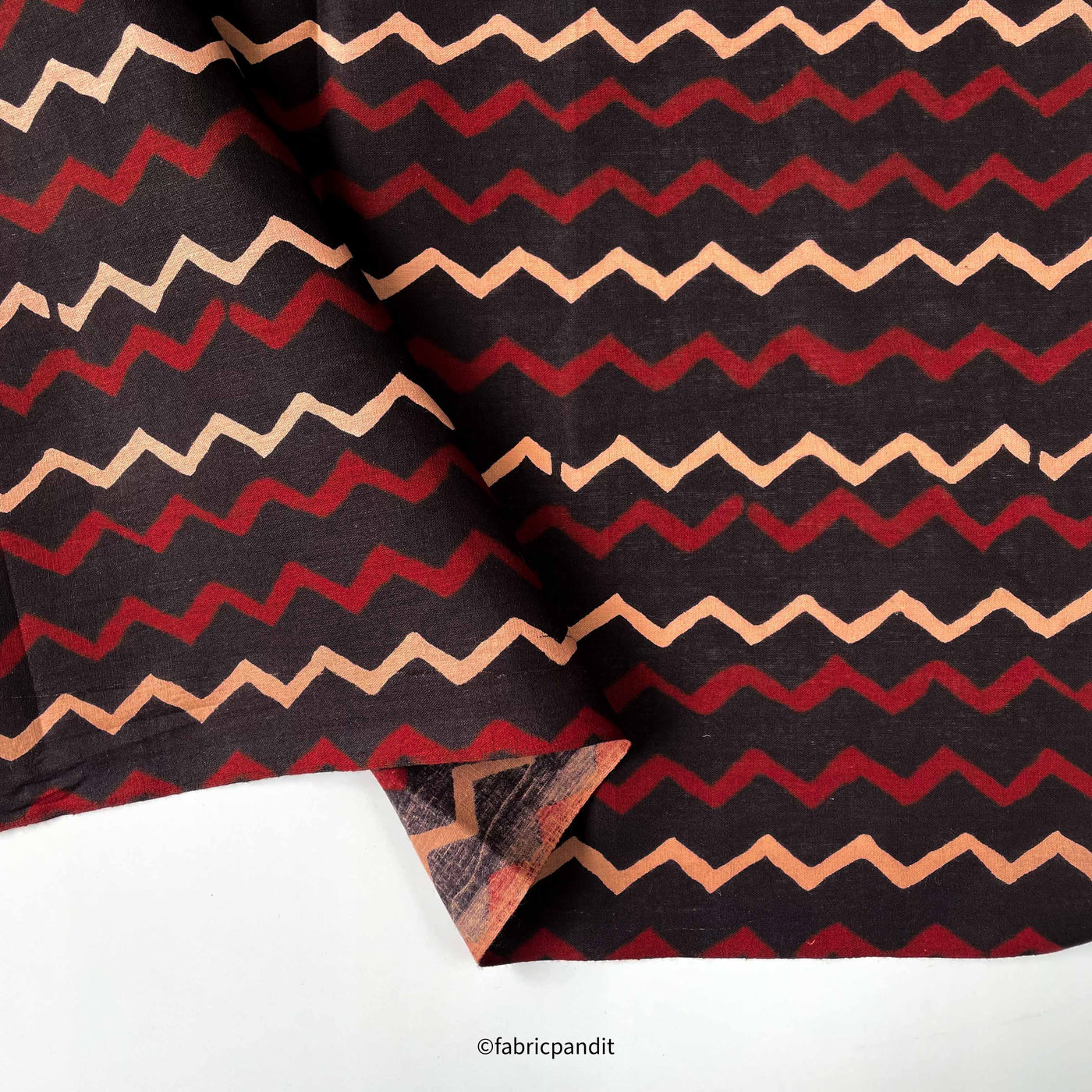 Fabric Pandit Fabric Black & Red Zig- Zag Pattern Hand Block Printed Pure Cotton Fabric (Width 42 inches)