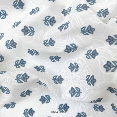 Fabric Pandit Fabric Blue & White Geometric Tulip Hand Block Printed Pure Cotton Fabric (Width 42 inches)