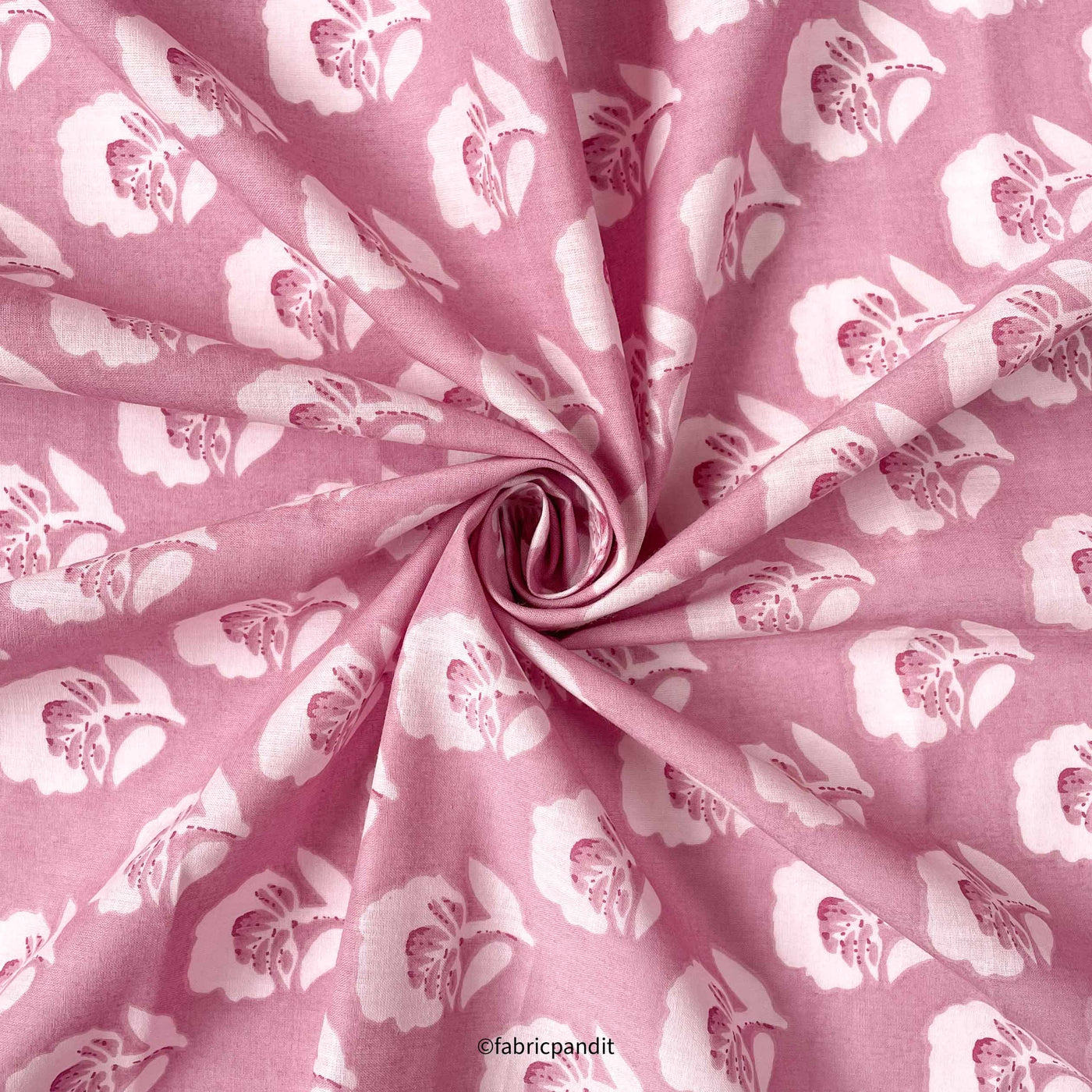 Fabric Pandit Fabric Blush Pink & Off-White Poppy Garden Hand Block Printed Pure Cotton Modal Fabric (Width 42 inches)