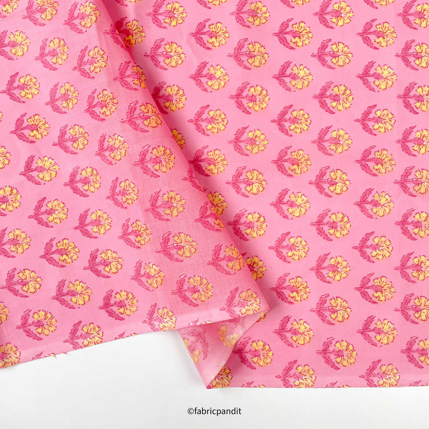 Fabric Pandit Fabric Blush Pink & Yellow Mini Lilies Hand Block Printed Pure Cotton Modal Fabric (Width 42 inches)