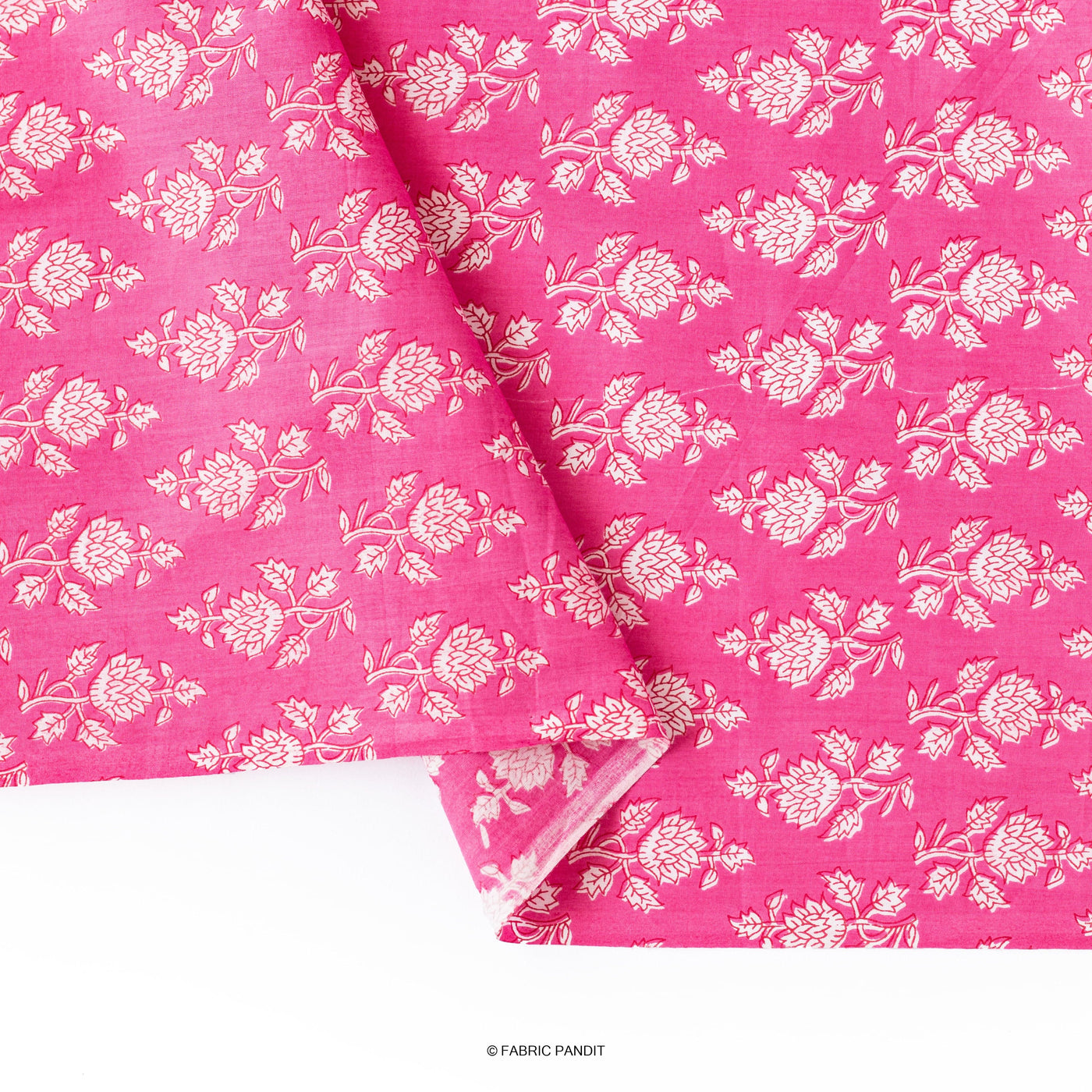 Fabric Pandit Fabric Bright Pink Flower Bunch Screen Printed Pure Cotton Cambric Fabric (Width 41 Inches)