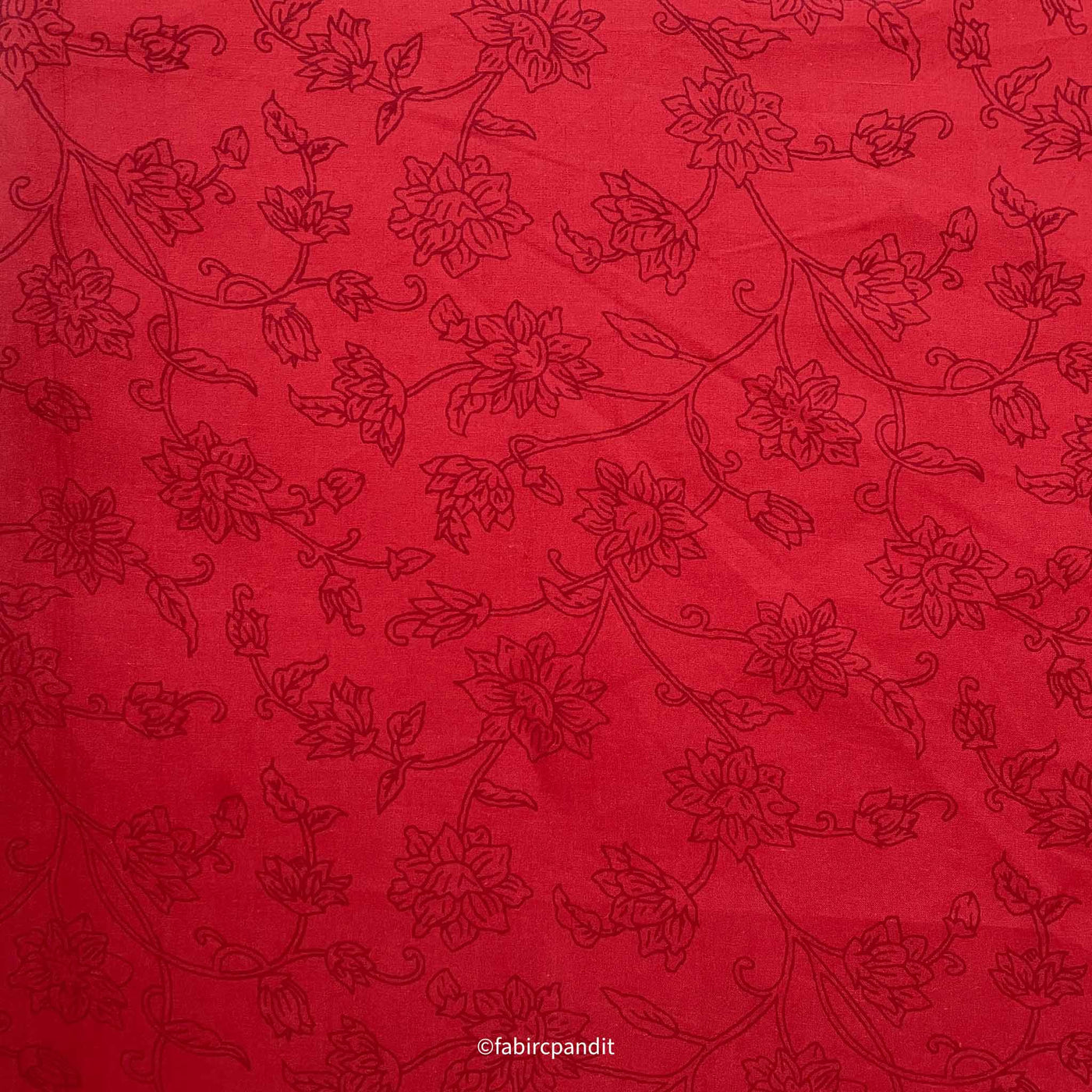 Fabric Pandit Fabric Bright Red Monochrome Floral Vines Hand Block Printed Pure Cotton Fabric (Width 43 inches)