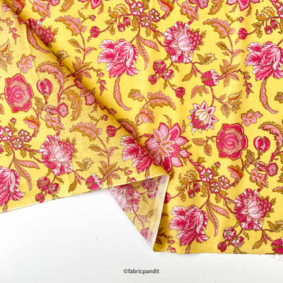 Fabric Pandit Fabric Bright Yellow & Pink Egyptian Flora Hand Block Printed With Foil Pure Cotton Fabric (Width 42 inches)