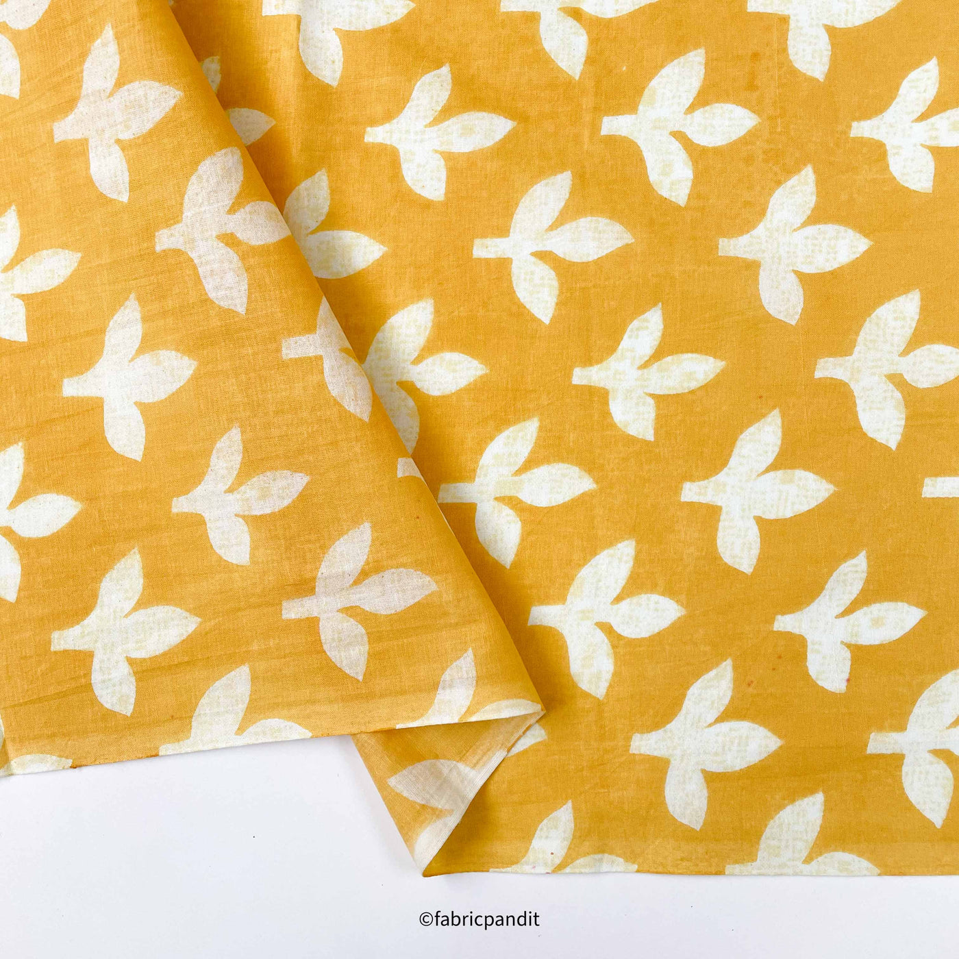 Fabric Pandit Fabric Bright Yellow & White Autumn Leaves Hand Block Printed Pure Cotton Fabric (Width 42 inches)