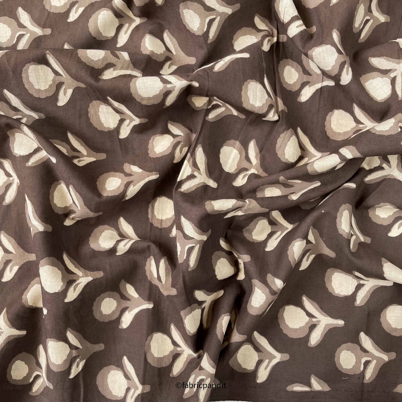 Fabric Pandit Fabric Brown Indigo Dabu Natural Dyed Abstract Roses Hand Block Printed Pure Cotton Modal Fabric (Width 42 inches)
