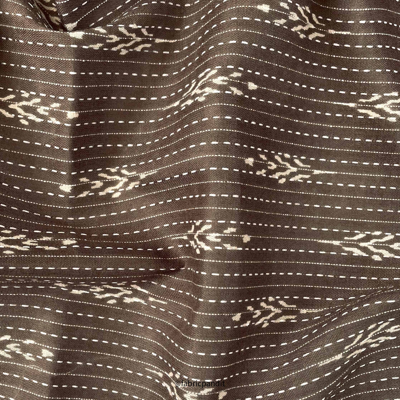 Fabric Pandit Fabric Brown Indigo Natural Dyed Abstract Motif Woven Kantha Hand Block Printed Pure Cotton Fabric (Width 42 inches