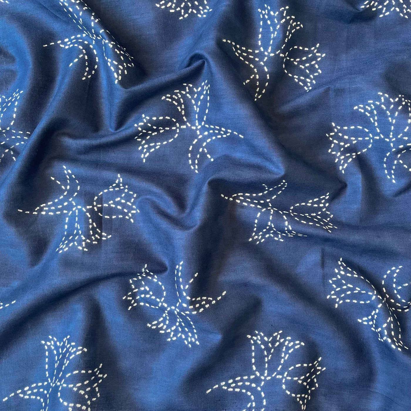 Fabric Pandit Fabric Cloudy Blue and White Roses Hand Block Printed Pure Cotton Fabric (Width 43 inches)