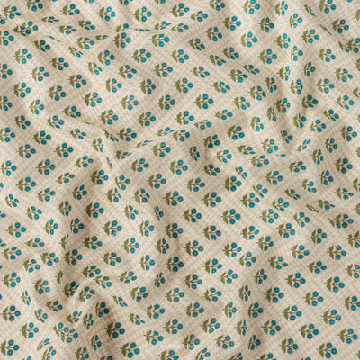 Fabric Pandit Fabric Cream & Blue Daisy Bunch All Over Hand Block Printed Pure Cotton Fabric (Width 42 Inches)
