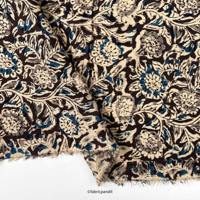 Fabric Pandit Fabric Dark Brown & Beige Flower Vines Pure Ajrakh Natural Dyed Hand Block Printed Pure Cotton Fabric (Width 42 inches)