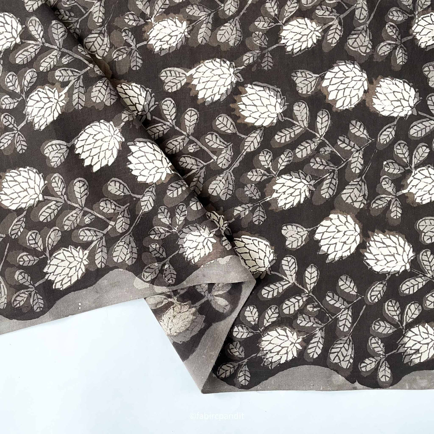 Fabric Pandit Fabric Deep Brown Indigo Dabu Natural Dyed Autumn Leaves Hand Block Printed Pure Cotton Fabric (Width 43 inches)