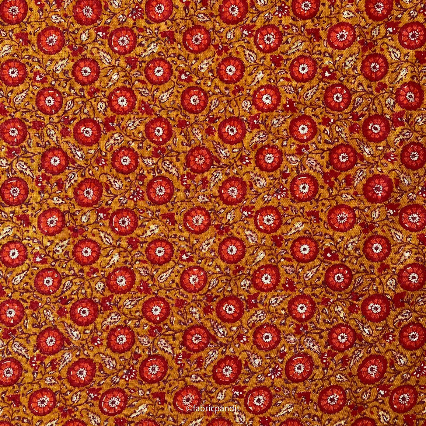 Fabric Pandit Fabric Deep Mustard & Red Mediterranean Flora Hand Block Printed Pure Cotton Silk Fabric (Width 42 Inches)