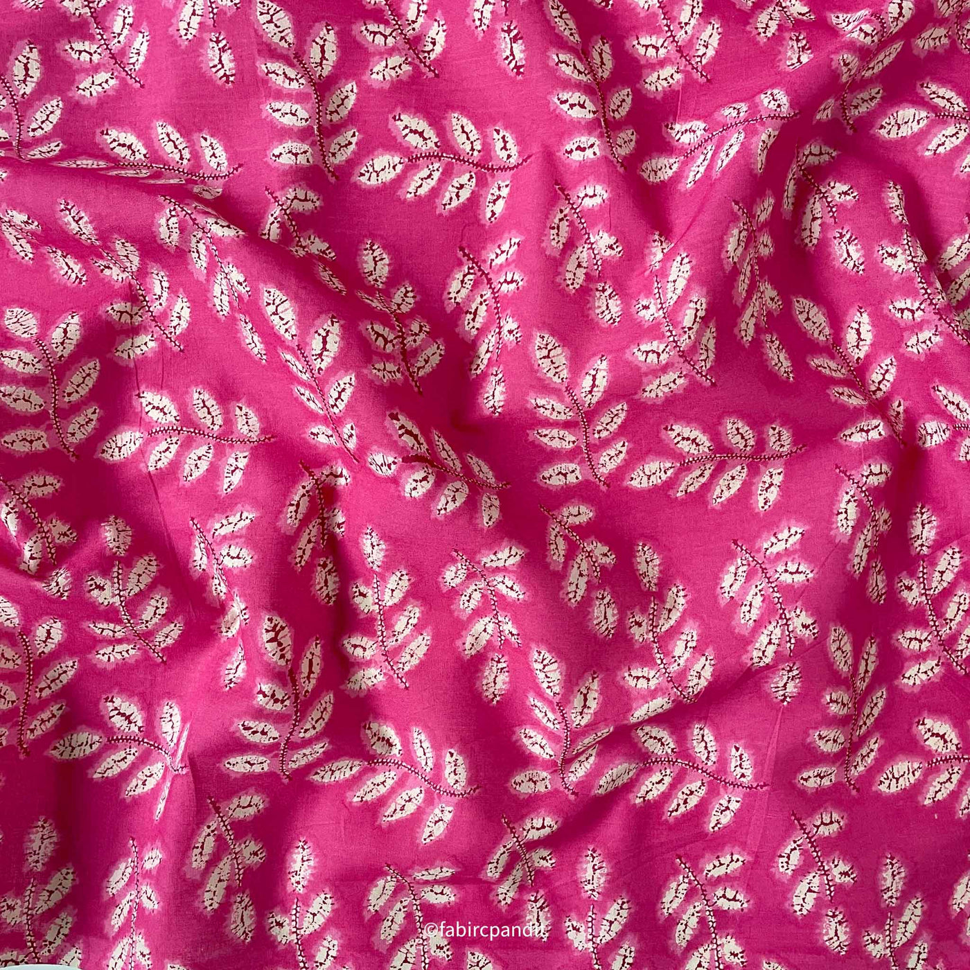 Fabric Pandit Fabric Deep Pink and Cream Leaves and Petals All Over Hand Block Printed Pure Cotton Fabric (Width 43 inches)