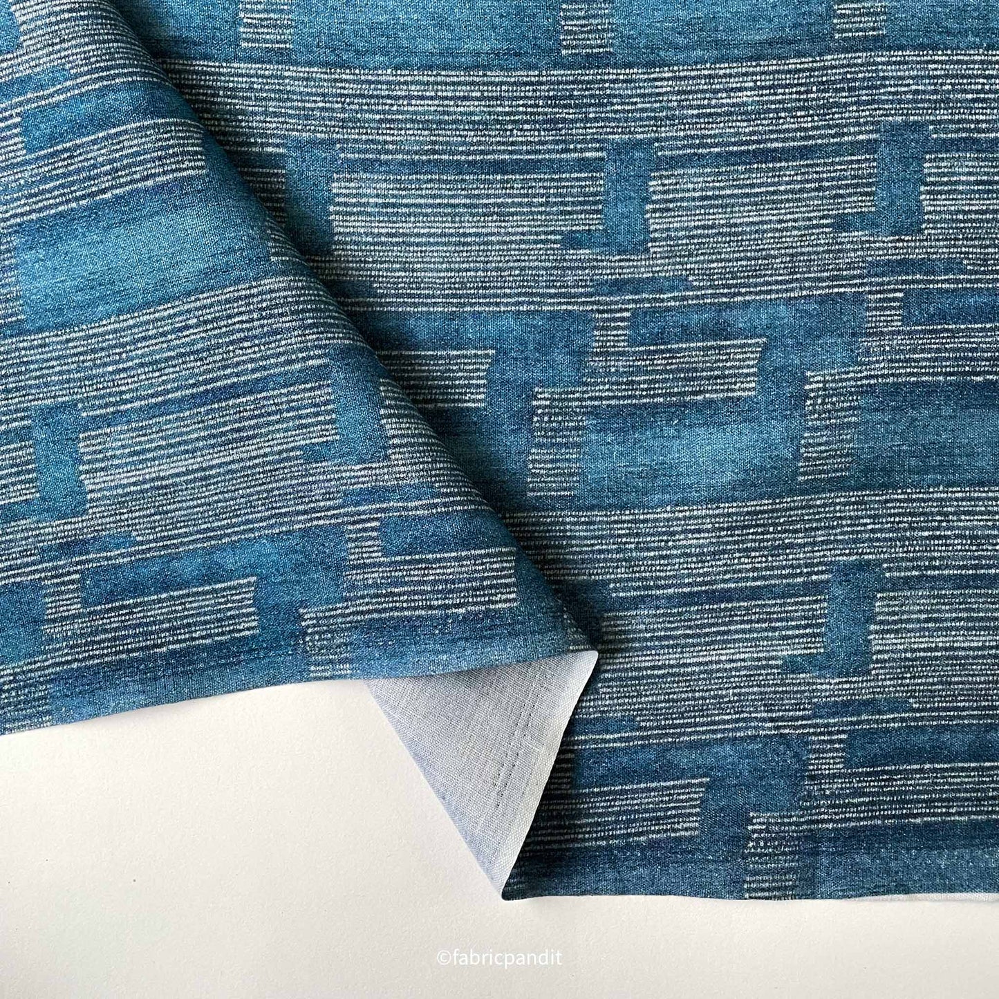 Fabric Pandit Fabric Denim Blue & White Textured Digital Printed Pure Cotton Linen Fabric (Width 58 Inches)