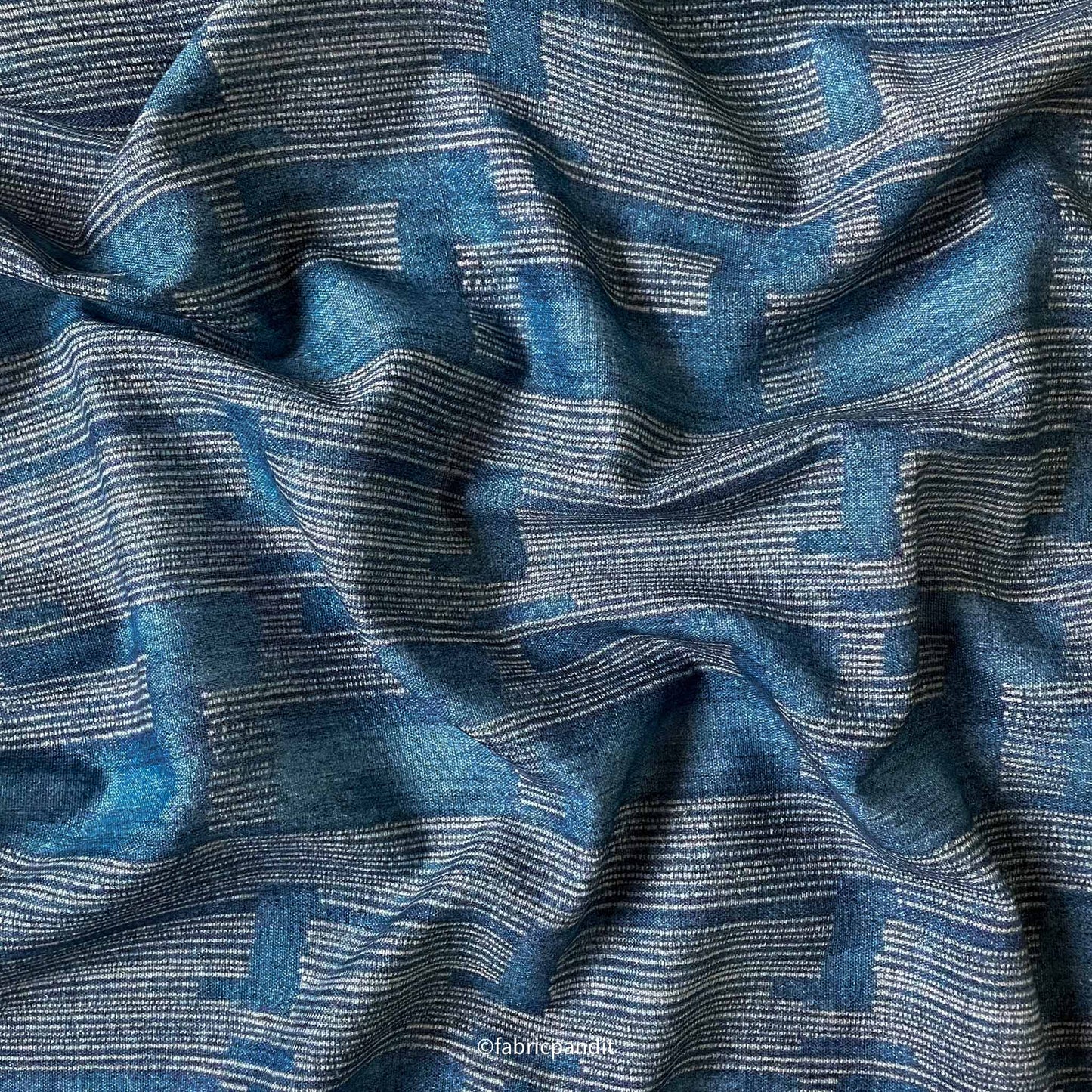 Fabric Pandit Fabric Denim Blue & White Textured Digital Printed Pure Cotton Linen Fabric (Width 58 Inches)