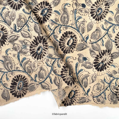 Fabric Pandit Fabric Dusty Beige and Black Sunflower Vines Pure Ajrakh Natural Dyed Hand Block Printed Pure Cotton Fabric (Width 42 inches)