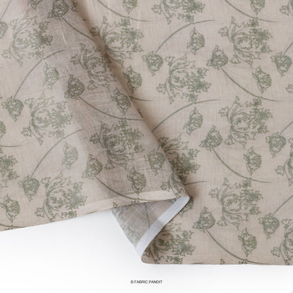 Fabric Pandit Fabric Dusty Beige And Green Dandelions Digital Printed Poly Blend Linen Neps Fabric (Width 44 Inches)