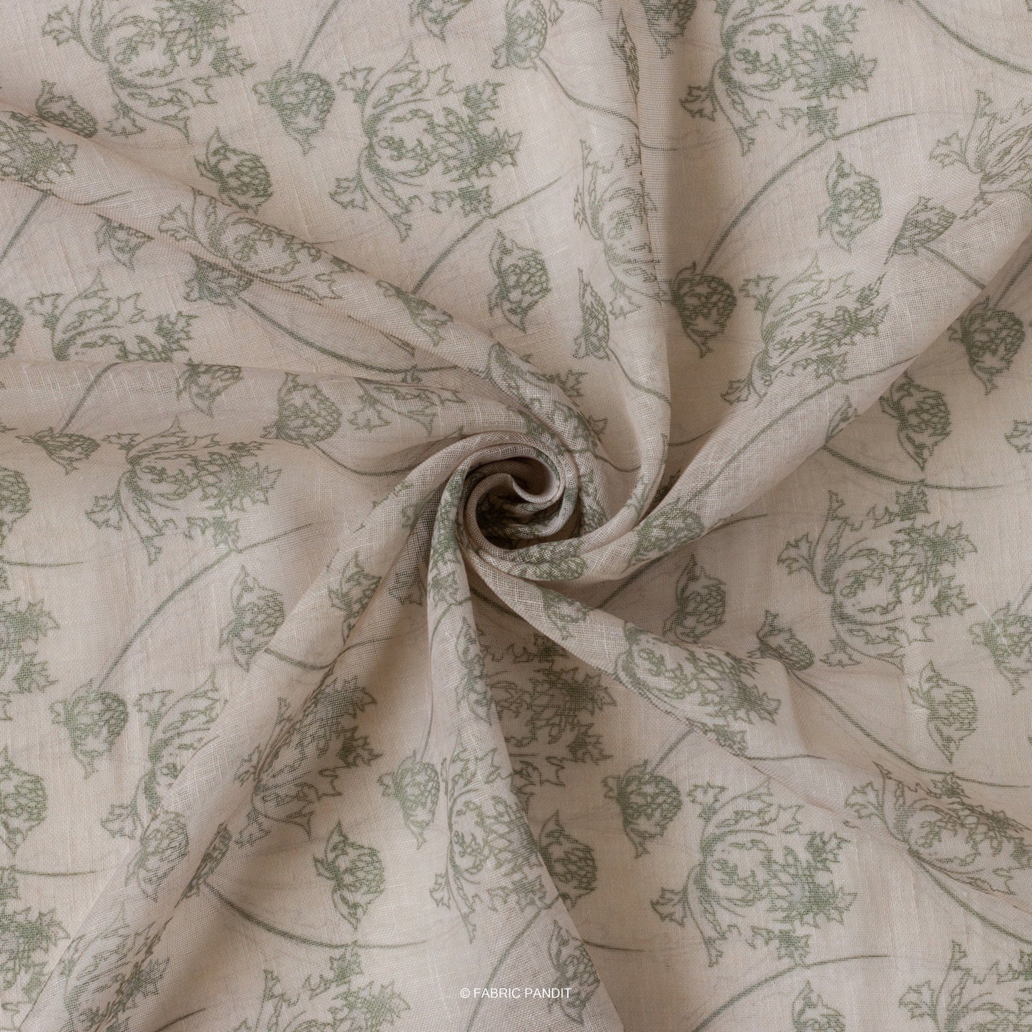 Fabric Pandit Fabric Dusty Beige And Green Dandelions Digital Printed Poly Blend Linen Neps Fabric (Width 44 Inches)