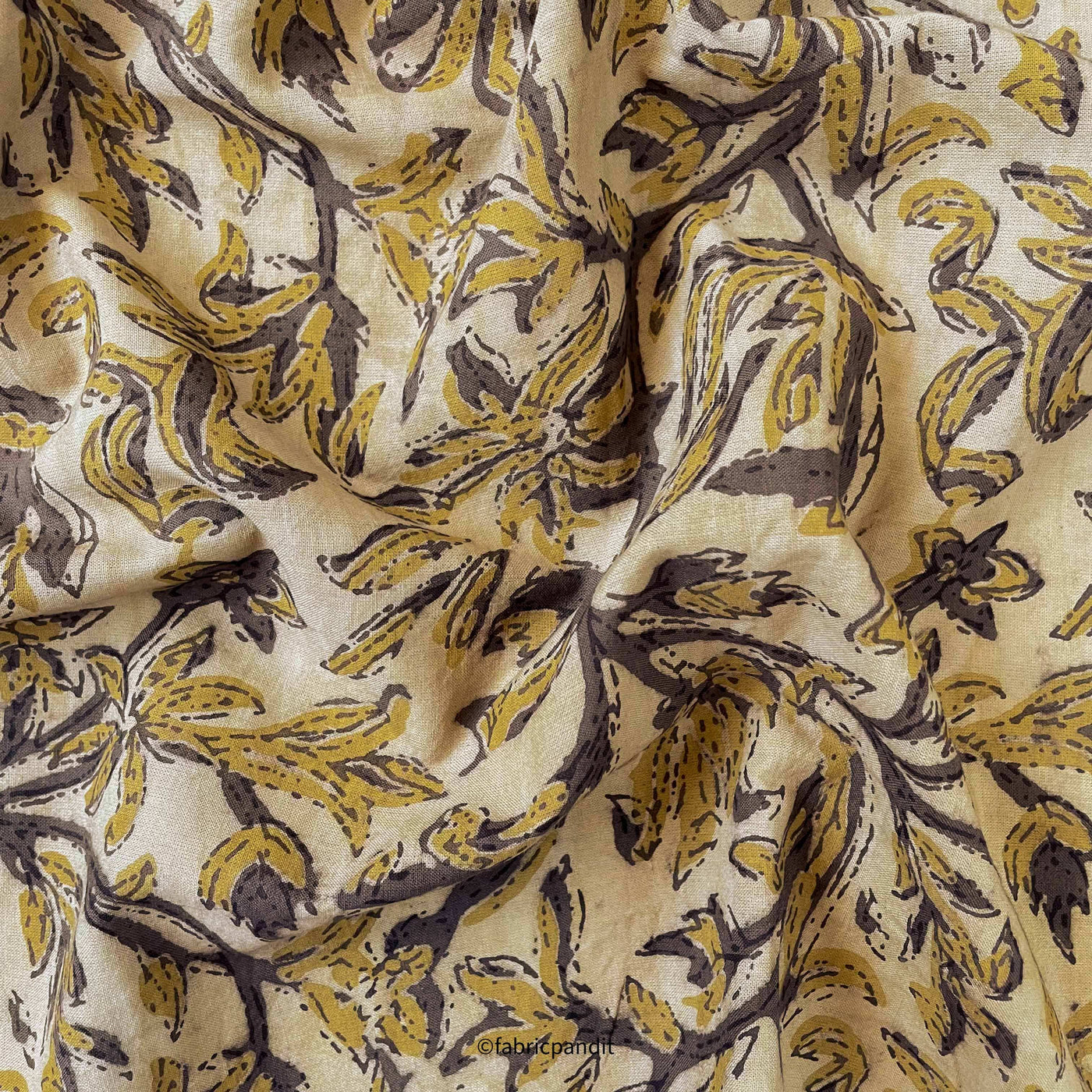 Fabric Pandit Fabric Dusty Beige & Yellow Wild Flower Garden Pure Ajrakh Natural Dyed Hand Block Printed Pure Cotton Fabric (Width 42 inches)
