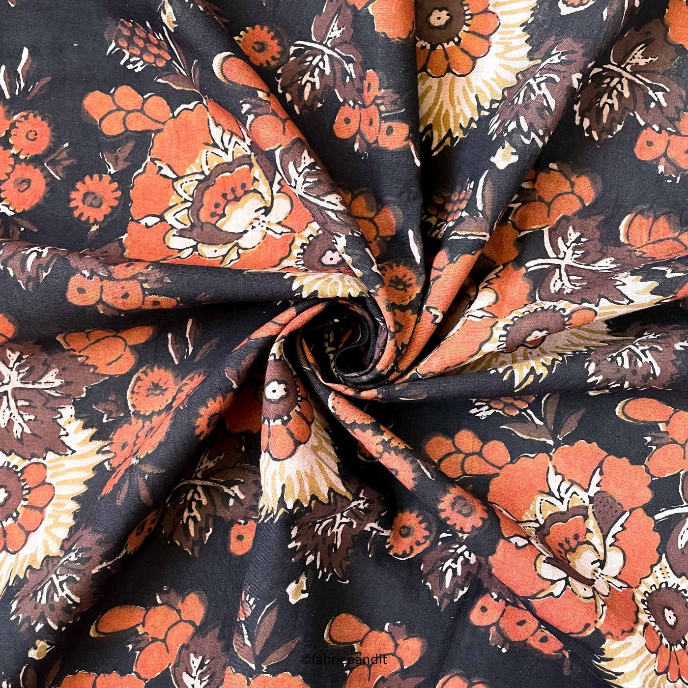 Fabric Pandit Fabric Dusty Black and Orange Wild Flowers Pure Ajrakh Natural Dyed Hand Block Printed Pure Cotton Fabric (Width 42 inches)