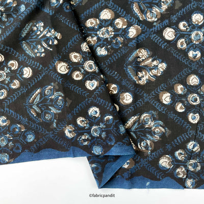 Fabric Pandit Fabric Dusty Black & Blue Abstract Floral Pure Ajrakh Natural Dyed Hand Block Printed Pure Cotton Fabric (Width 42 inches)
