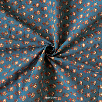 Fabric Pandit Fabric Dusty Blue and Orange Mini Sunflowers Hand Block Printed Pure Cotton Fabric (Width 42 Inches)