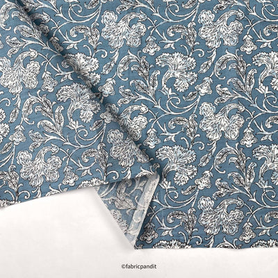 Fabric Pandit Fabric Dusty Blue & White Vintage Floral Vines Hand Block Printed Pure Cotton Fabric (Width 42 inches)