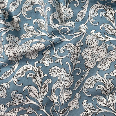 Fabric Pandit Fabric Dusty Blue & White Vintage Floral Vines Hand Block Printed Pure Cotton Fabric (Width 42 inches)
