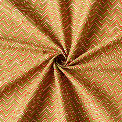 Fabric Pandit Fabric Dusty Green & Red Zig-Zag Pattern Screen Printed Pure Cotton Fabric (Width 43 inches)