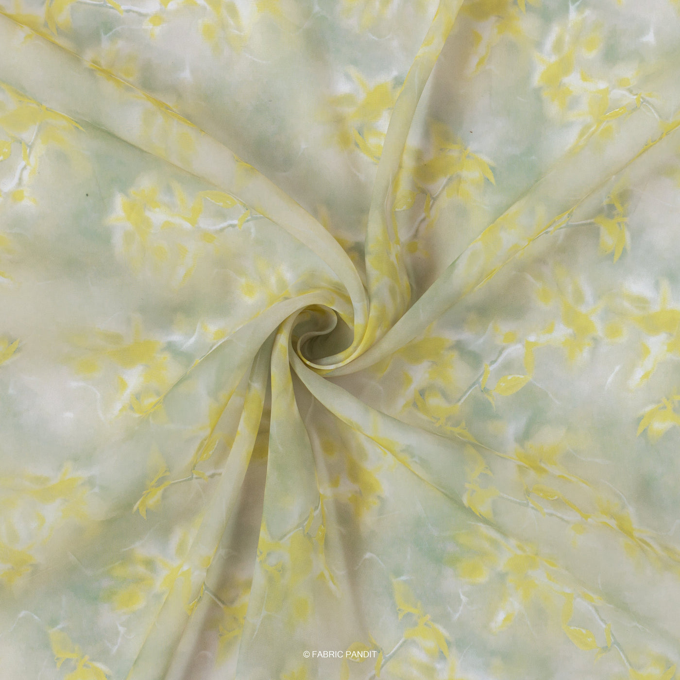 Fabric Pandit Fabric Dusty Green & Yellow Floral Pattern Digital Printed Organza Fabric (Width 42 Inches)