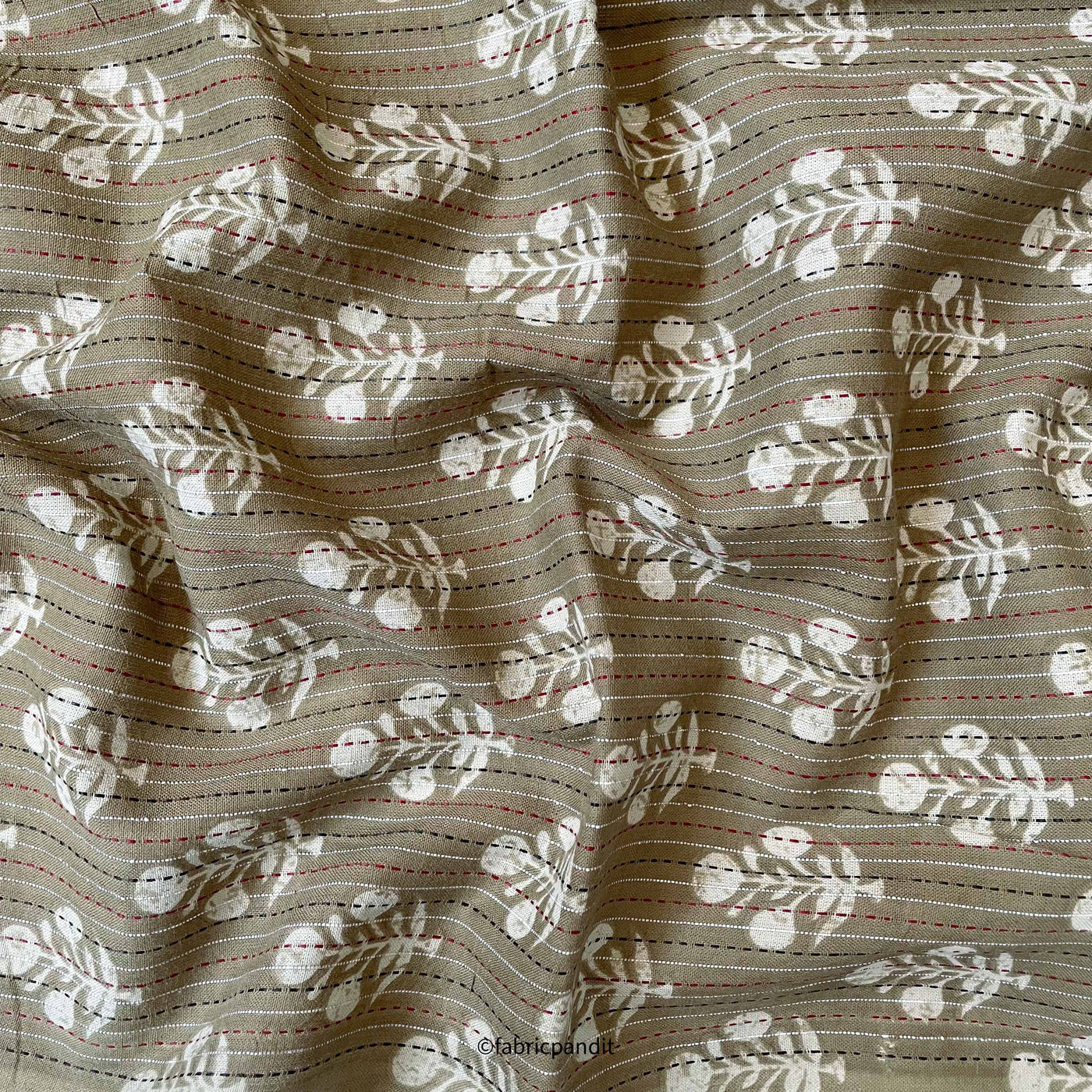 Fabric Pandit Fabric Dusty Grey Abstract Floral Woven Kantha Hand Block Printed Pure Cotton Fabric (Width 42 inches)