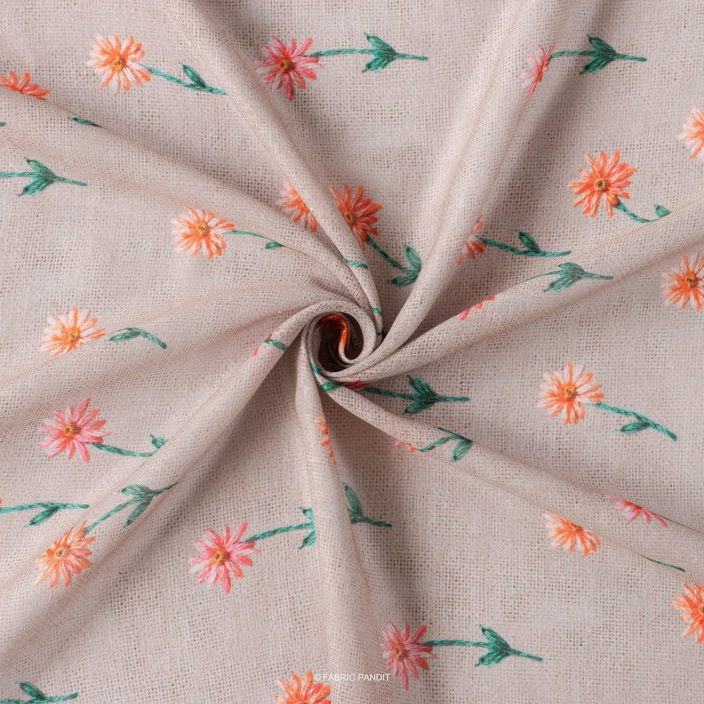 Fabric Pandit Fabric Dusty Grey and Orange Daisies Digital Printed Poly Blend Linen Neps Fabric (Width 44 Inches)