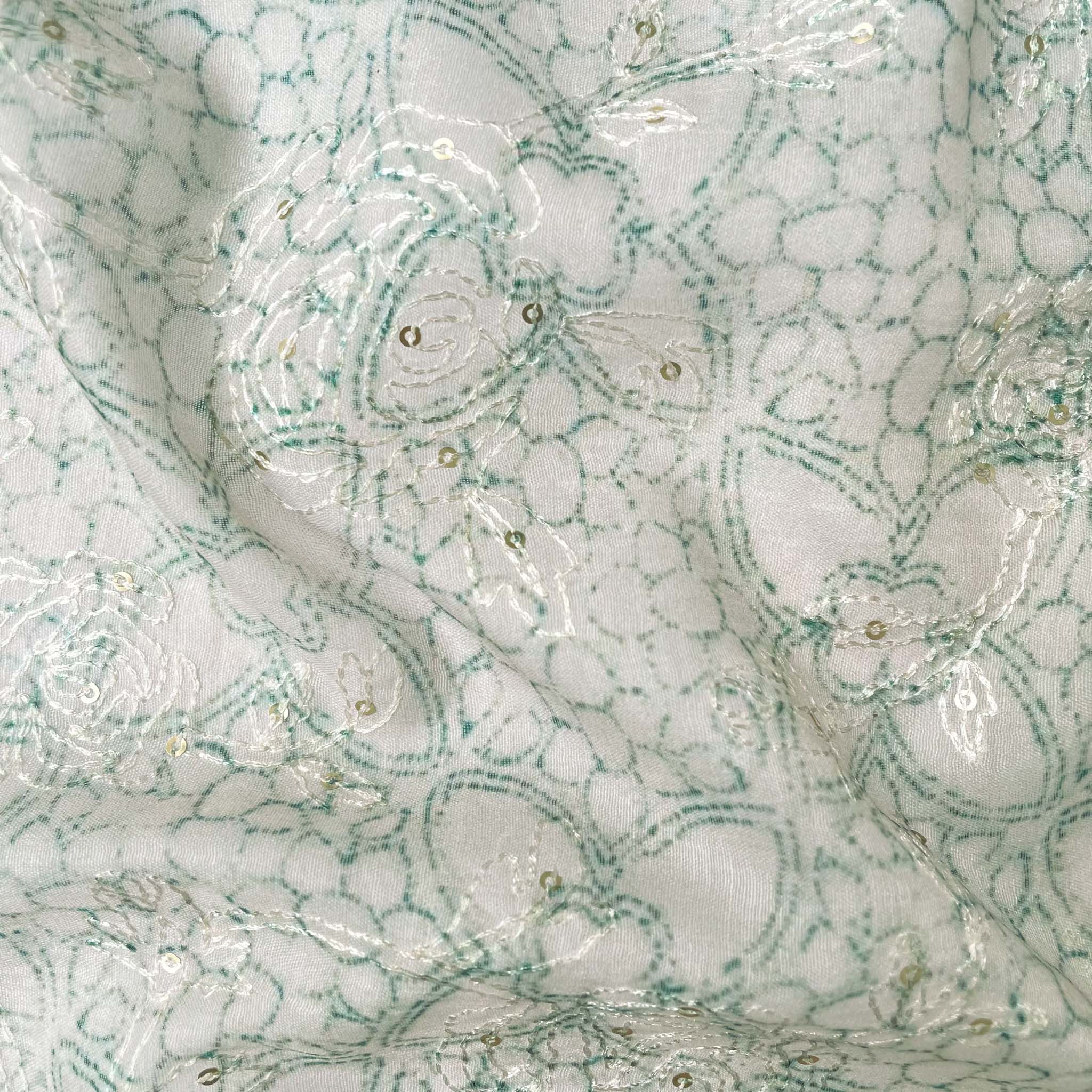 Pastel Green and Peach Blooms & Knots Hand Embroidered & Printed Pure –  Fabric Pandit