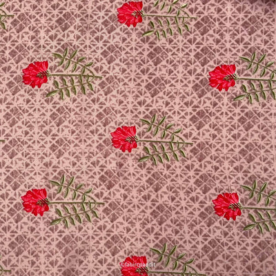 Fabric Pandit Fabric Dusty Mauve & Red Carnations Hand Block Printed Pure Muslin Fabric (Width 43 inches)