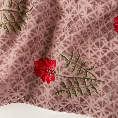 Fabric Pandit Fabric Dusty Mauve & Red Carnations Hand Block Printed Pure Muslin Fabric (Width 43 inches)