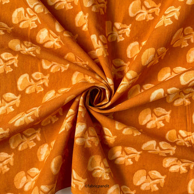 Fabric Pandit Fabric Dusty Mustard Abstract Tulips Hand Block Printed Pure Cotton Fabric (Width 42 inches)