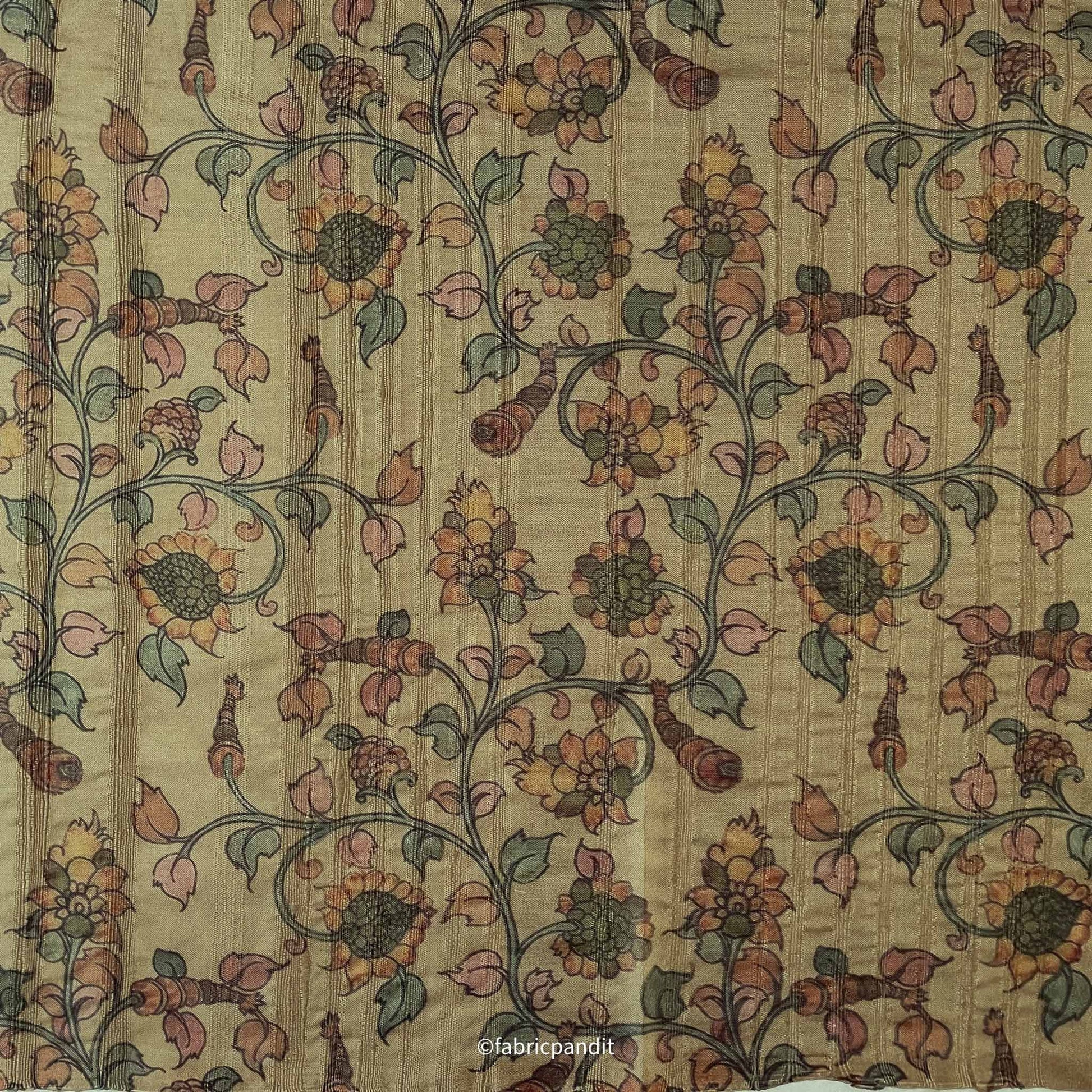 Fabric Pandit Fabric Dusty Olive Green Kalamkari Digital Printed Tussar Silk Fabric (Width 44 Inches)