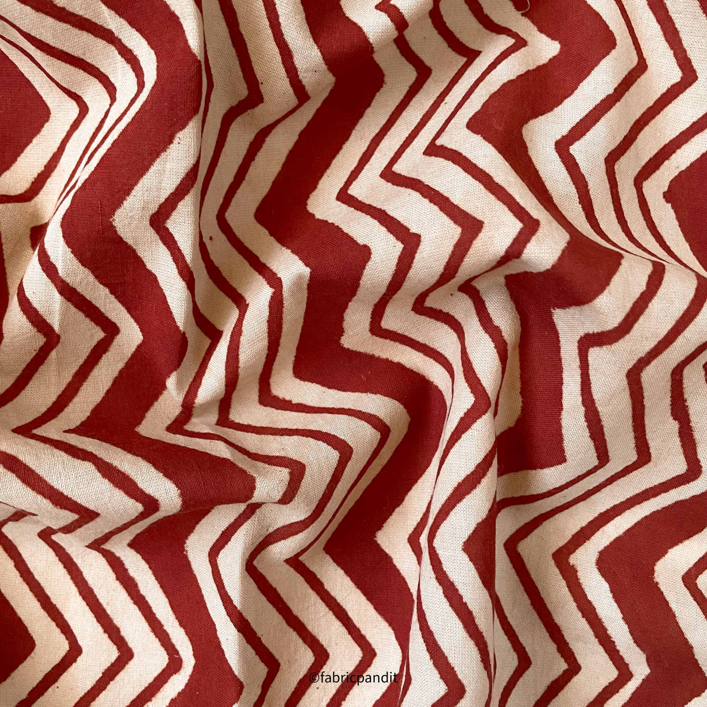 Fabric Pandit Fabric Dusty Red & Beige Zig-Zag Authentic Bagru Hand Block Printed Pure Cotton Fabric (Width 42 inches)