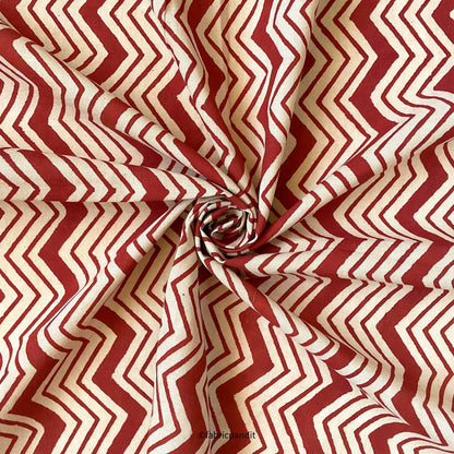 Fabric Pandit Fabric Dusty Red & Beige Zig-Zag Authentic Bagru Hand Block Printed Pure Cotton Fabric (Width 42 inches)