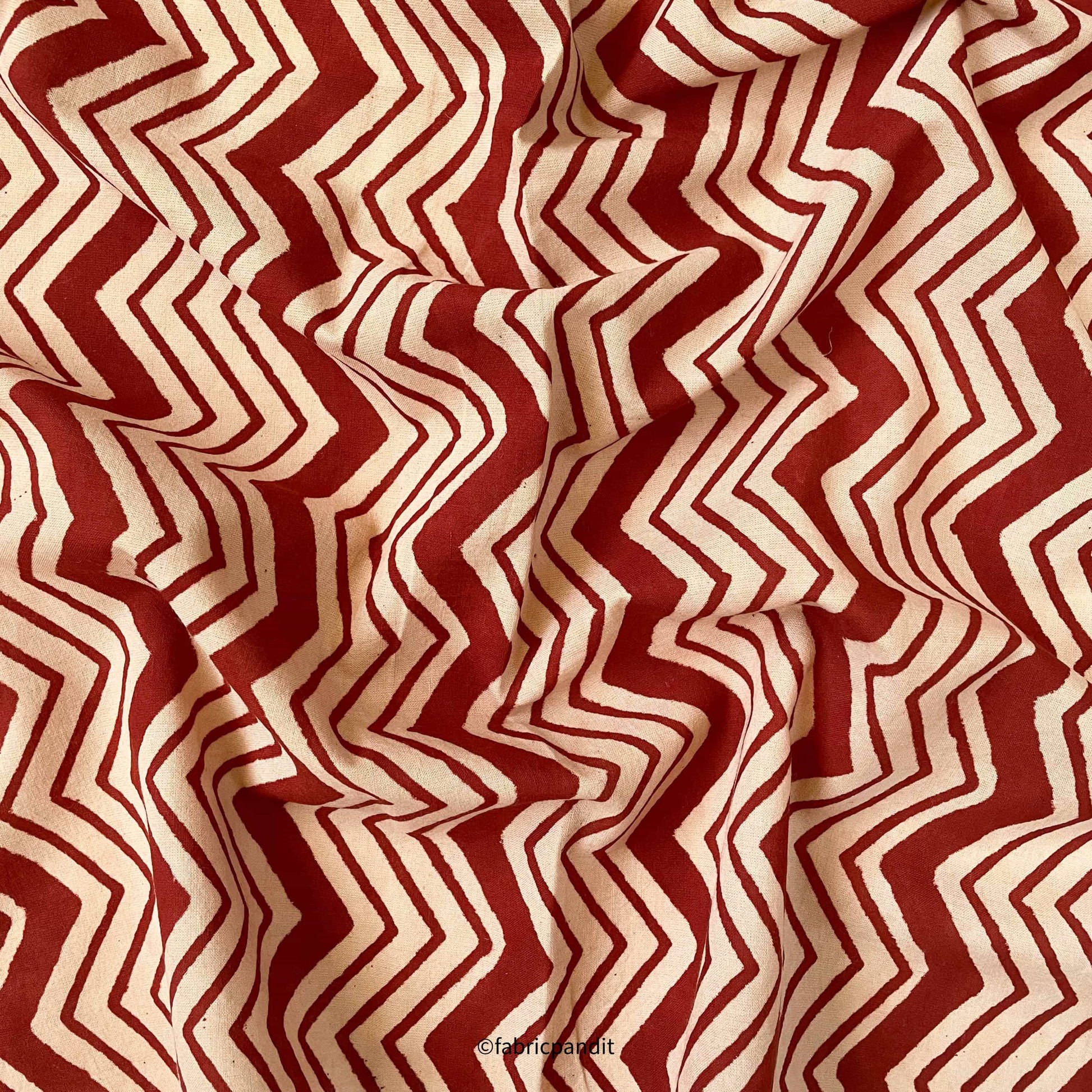 Fabric Pandit Fabric Dusty Red & Beige Zig-Zag Authentic Bagru Hand Block Printed Pure Cotton Fabric (Width 42 inches)