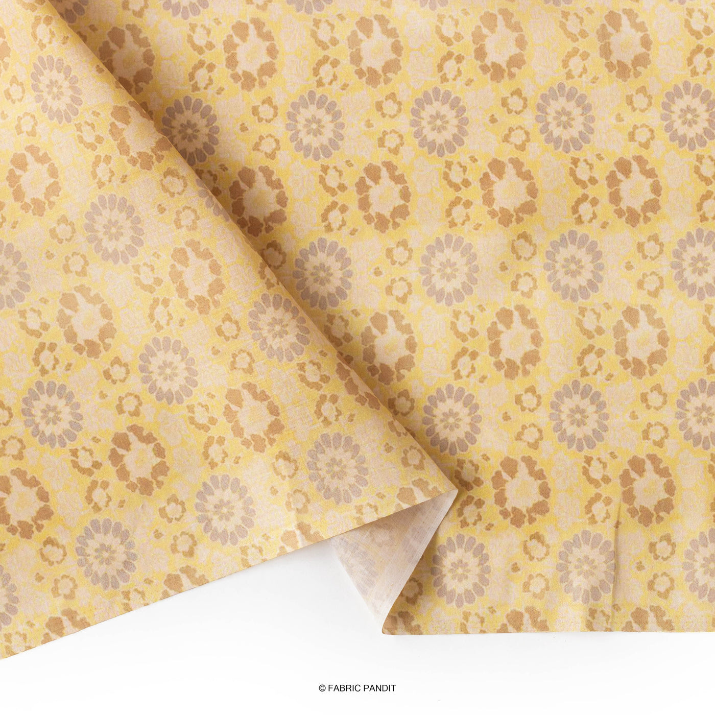 Fabric Pandit Fabric Dusty Yellow Floral Abstract Pattern Digital Printed Poly Blend Cambric Fabric (Width 43 Inches)