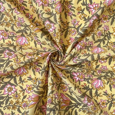 Fabric Pandit Fabric Dusty Yellow & Green Wild Flower Garden Hand Block Printed Pure Cotton Fabric (Width 42 inches)