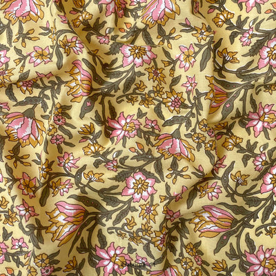 Fabric Pandit Fabric Dusty Yellow & Green Wild Flower Garden Hand Block Printed Pure Cotton Fabric (Width 42 inches)