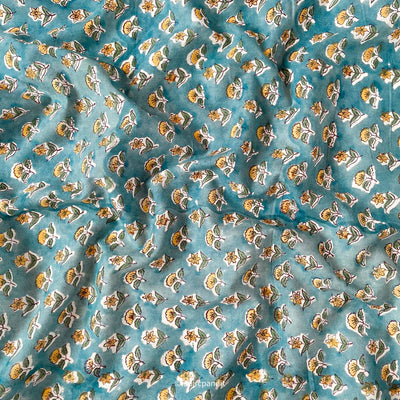 Fabric Pandit Fabric English Blue and Yellow Mughal Flower Pattern Hand Block Printed Pure Cotton Fabirc (Width 43 inches)
