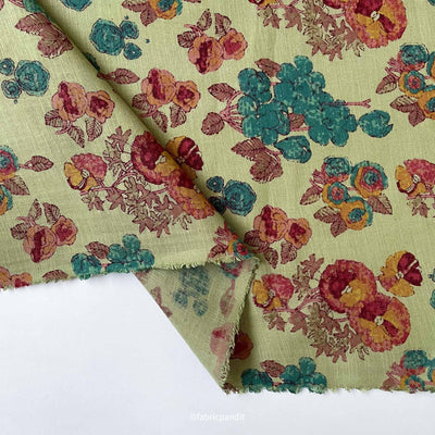 Fabric Pandit Fabric English Green & Maroon Victorian Flora Hand Block Printed Pure Cotton Silk Fabric (Width 42 Inches)