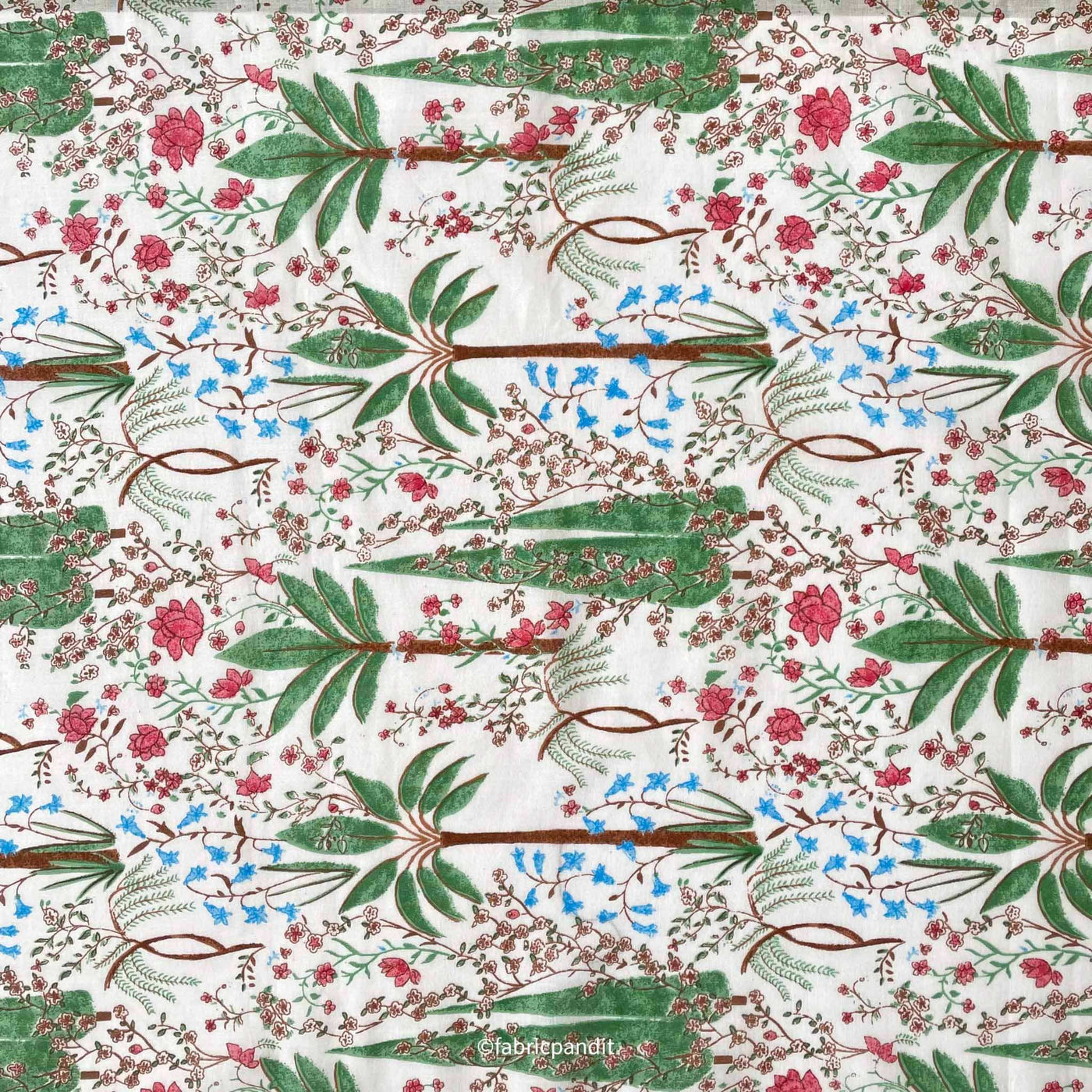 Fabric Pandit Fabric Fresh Green and Pink The Calm of Oasis Hand Block Printed Pure Mul Cotton Fabric